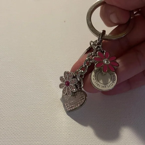 Coach Pink and Silver Floral Heart Keychain and White Coach Pen - Picture 3 of 6